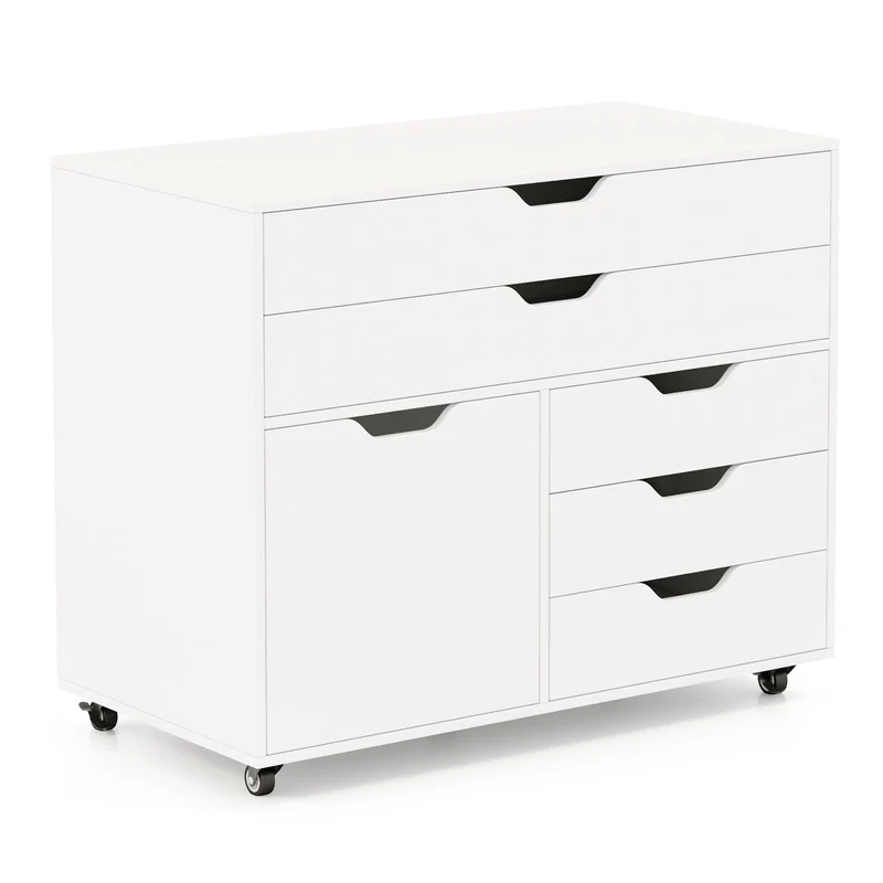 GIANTEX Rollcontainer mit 5 Schubladen & 1 Schrank, mobiler Aktenschrank mit 5 Rollen, Schubladenschrank unter Schreibtisch, 77,5 x 40 x 64 cm (Weiß)