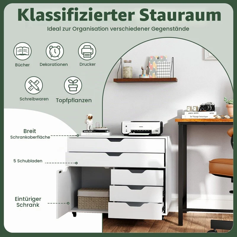GIANTEX Rollcontainer mit 5 Schubladen & 1 Schrank, mobiler Aktenschrank mit 5 Rollen, Schubladenschrank unter Schreibtisch, 77,5 x 40 x 64 cm (Weiß)