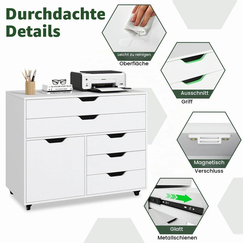 GIANTEX Rollcontainer mit 5 Schubladen & 1 Schrank, mobiler Aktenschrank mit 5 Rollen, Schubladenschrank unter Schreibtisch, 77,5 x 40 x 64 cm (Weiß)