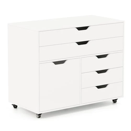 GIANTEX Rollcontainer mit 5 Schubladen & 1 Schrank, mobiler Aktenschrank mit 5 Rollen, Schubladenschrank unter Schreibtisch, 77,5 x 40 x 64 cm (Weiß)
