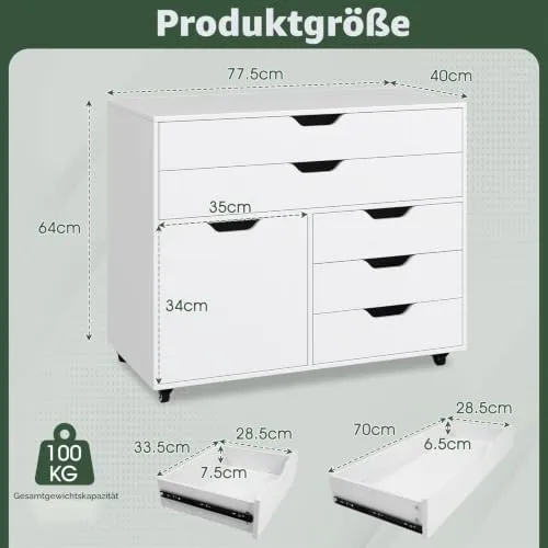 GIANTEX Rollcontainer mit 5 Schubladen & 1 Schrank, mobiler Aktenschrank mit 5 Rollen, Schubladenschrank unter Schreibtisch, 77,5 x 40 x 64 cm (Weiß)