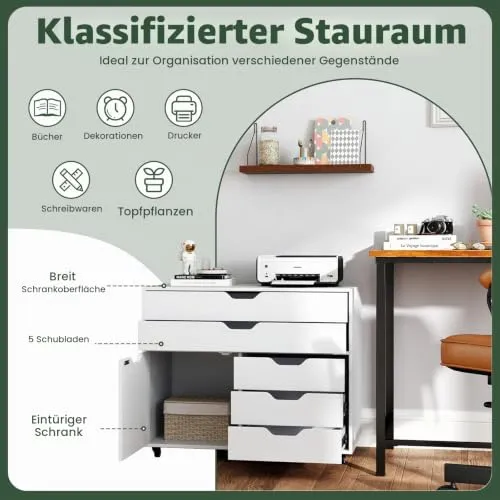 GIANTEX Rollcontainer mit 5 Schubladen & 1 Schrank, mobiler Aktenschrank mit 5 Rollen, Schubladenschrank unter Schreibtisch, 77,5 x 40 x 64 cm (Weiß)