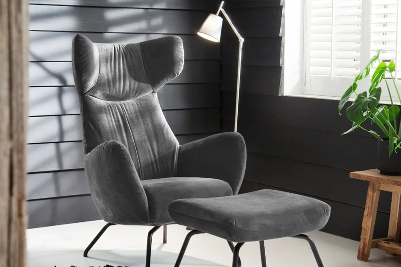 KAWOLA Sessel LOTTE Ohrensessel velvet stone mit Hocker
