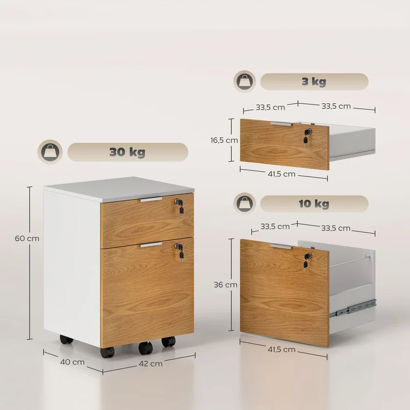 HOMCOM Mobiler Aktenschrank auf Rollen, 2 Schubladen, Weiß/Naturholz