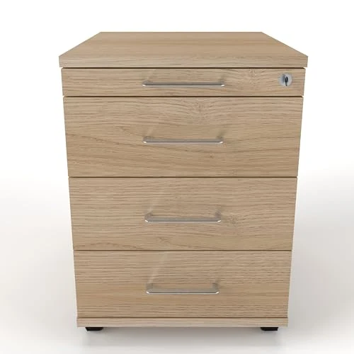 Rollcontainer CADI 43×58×59 cm – abschließbarer Bürocontainer in Eiche mit Orga- & 3 Universal-Schubladen, Metall-Bügelgriff