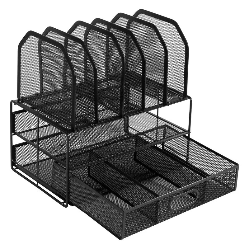 Amazon Basics Schreibtisch-Organizer aus Metallgeflecht, mit Schublade, doppelter Ablage und 5 senkrechten Bereichen, schwarz