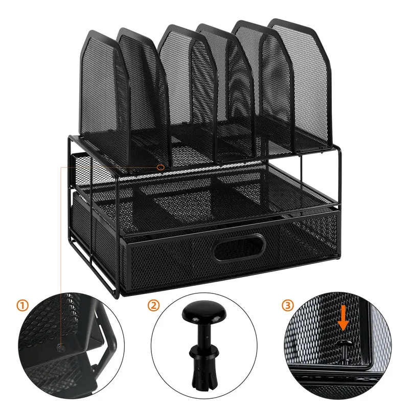 Amazon Basics Schreibtisch-Organizer aus Metallgeflecht, mit Schublade, doppelter Ablage und 5 senkrechten Bereichen, schwarz