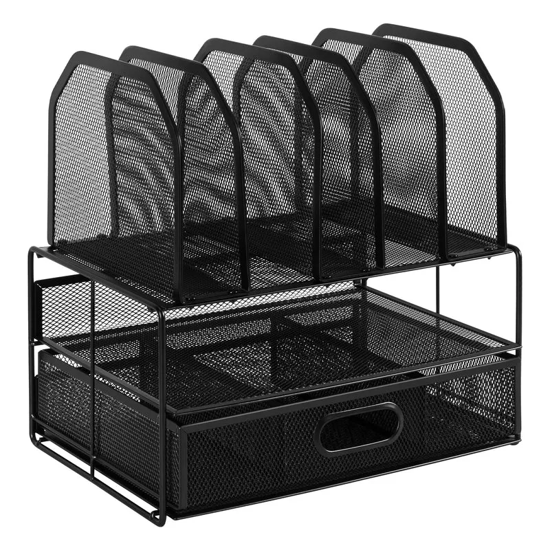 Amazon Basics Schreibtisch-Organizer aus Metallgeflecht, mit Schublade, doppelter Ablage und 5 senkrechten Bereichen, schwarz