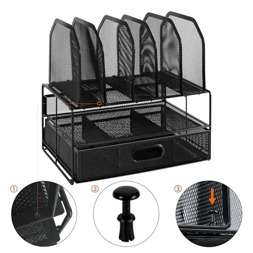 Amazon Basics Schreibtisch-Organizer aus Metallgeflecht, mit Schublade, doppelter Ablage und 5 senkrechten Bereichen, schwarz