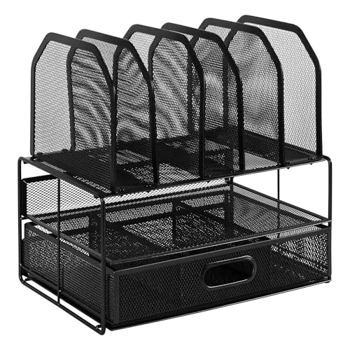 Amazon Basics Schreibtisch-Organizer aus Metallgeflecht, mit Schublade, doppelter Ablage und 5 senkrechten Bereichen, schwarz