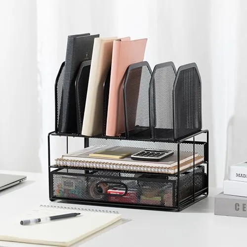 Amazon Basics Schreibtisch-Organizer aus Metallgeflecht, mit Schublade, doppelter Ablage und 5 senkrechten Bereichen, schwarz