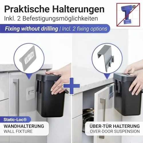 WENKO Abfallsammler mit Griff Tago, Abfalleimer mit 5 Liter Volumen, kompakter Mülleimer in Schwarz zur Befestigung ohne bohren, inkl. Über-Tür Static-Loc Befestigungsmöglichkeit, 21x24x17 cm