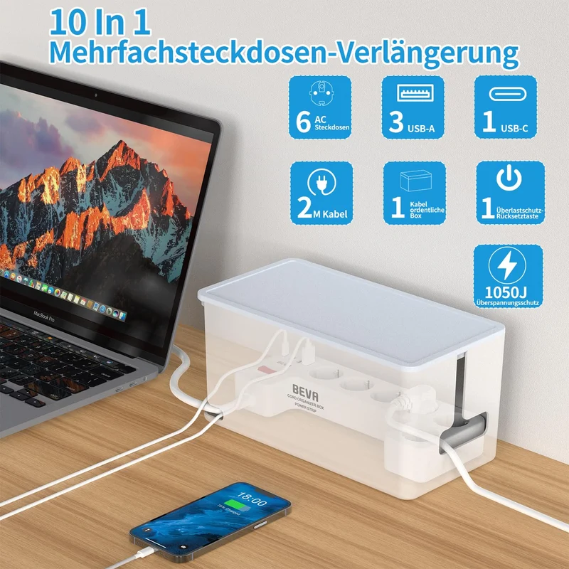 BEVA Kabelbox mit Steckdosenleiste 3680W/16A und 2M Kabel,Weiß