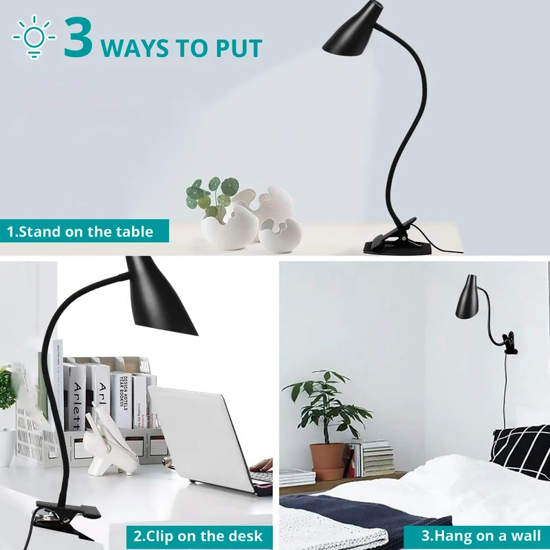 Semlos LED Clip-on-Licht, USB-Schreibtischleuchte, Leselampe für Schlafzimmer-Tisch, 3 Farbmodi, 10 Dimmhelligkeitsstufen, Schreibtischlampen, verstellbarer Schwanenhals, automatische Abschaltung