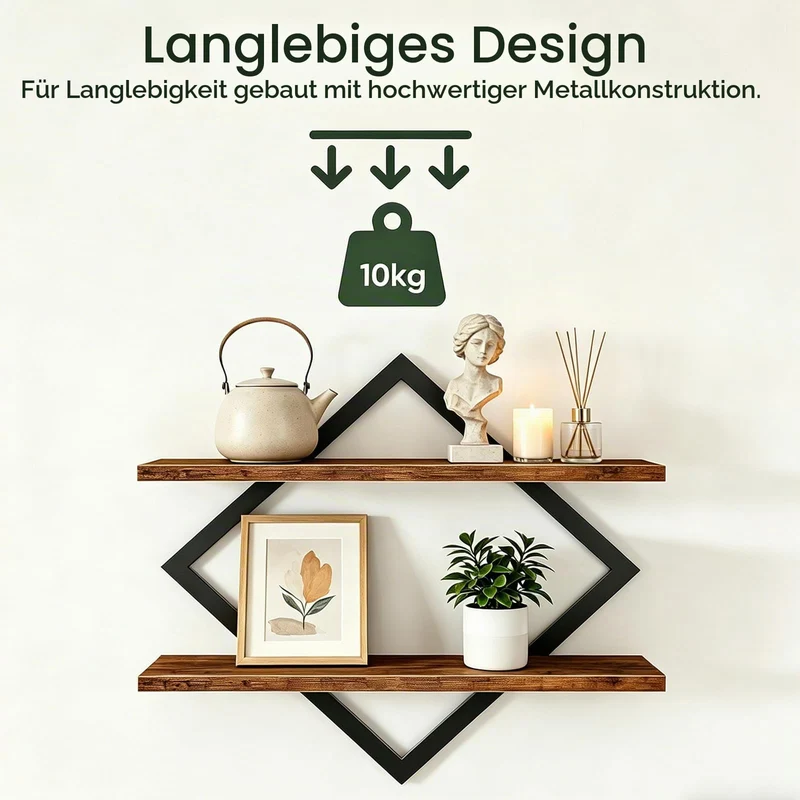 Wandregal 2er Set, Schweberegal mit Metallrahmen 38 cm, 2-stöckiges Hängeregal für Badezimmer, Wohnzimmer, Küche, Home Office