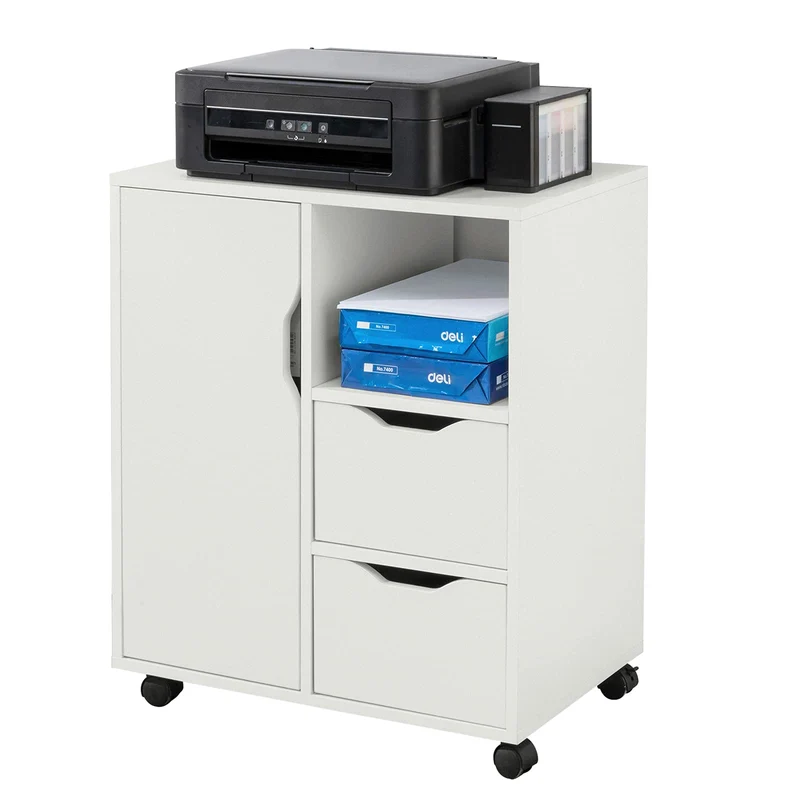 SoBuy Rollcontainer mit 2 Schubladen und 1 Tür Druckertisch mit Rollen Schreibtisch Unterschrank Rollcontainer Büromöbel Weiß 60×70×35 cm FBT105-W