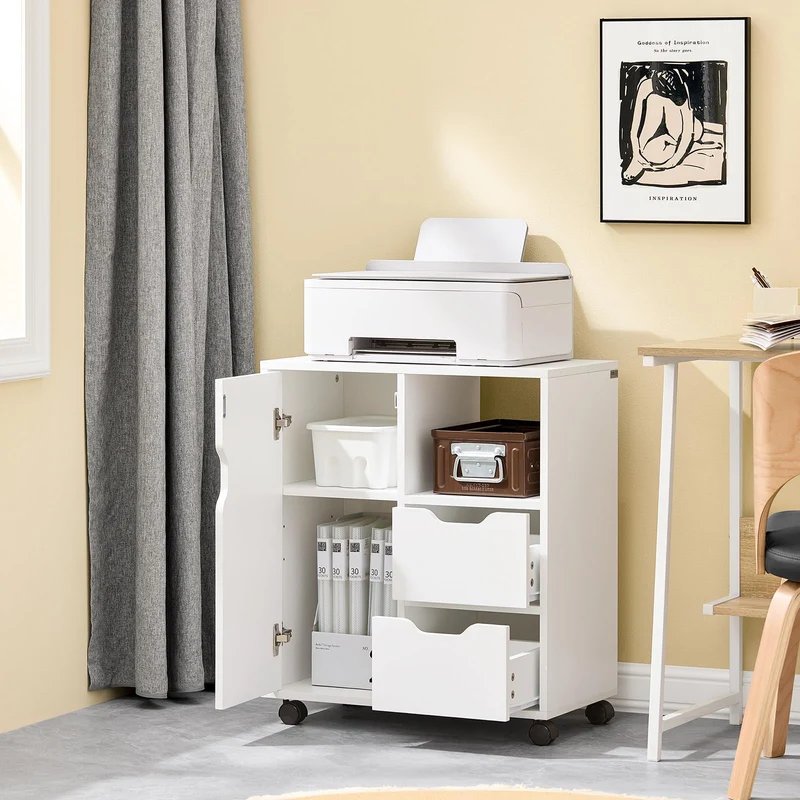 SoBuy Rollcontainer mit 2 Schubladen und 1 Tür Druckertisch mit Rollen Schreibtisch Unterschrank Rollcontainer Büromöbel Weiß 60×70×35 cm FBT105-W