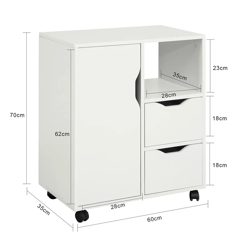SoBuy Rollcontainer mit 2 Schubladen und 1 Tür Druckertisch mit Rollen Schreibtisch Unterschrank Rollcontainer Büromöbel Weiß 60×70×35 cm FBT105-W