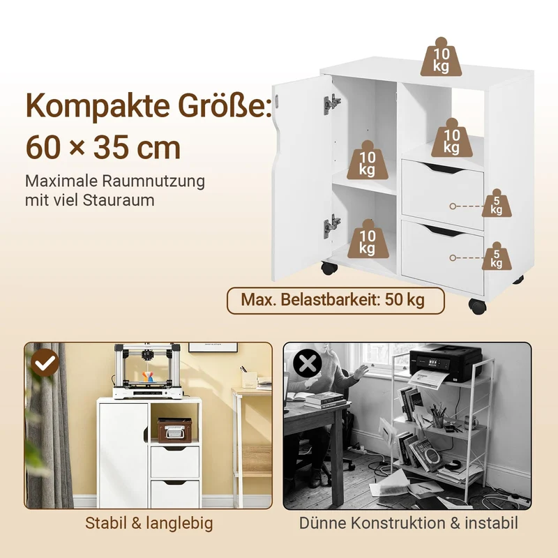 SoBuy Rollcontainer mit 2 Schubladen und 1 Tür Druckertisch mit Rollen Schreibtisch Unterschrank Rollcontainer Büromöbel Weiß 60×70×35 cm FBT105-W