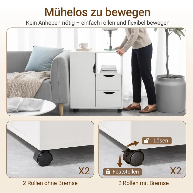 SoBuy Rollcontainer mit 2 Schubladen und 1 Tür Druckertisch mit Rollen Schreibtisch Unterschrank Rollcontainer Büromöbel Weiß 60×70×35 cm FBT105-W