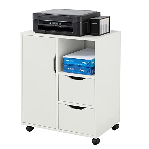 SoBuy Rollcontainer mit 2 Schubladen und 1 Tür Druckertisch mit Rollen Schreibtisch Unterschrank Rollcontainer Büromöbel Weiß 60×70×35 cm FBT105-W