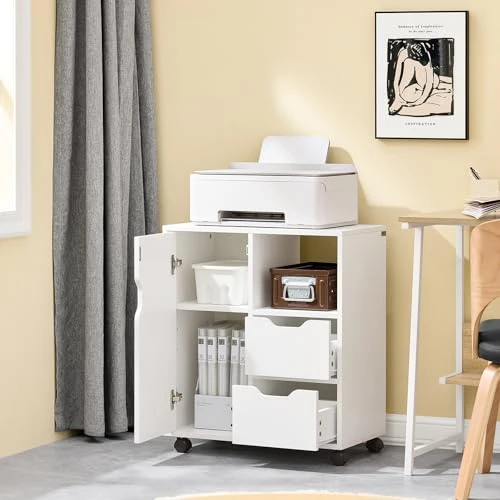 SoBuy Rollcontainer mit 2 Schubladen und 1 Tür Druckertisch mit Rollen Schreibtisch Unterschrank Rollcontainer Büromöbel Weiß 60×70×35 cm FBT105-W