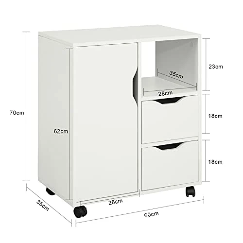 SoBuy Rollcontainer mit 2 Schubladen und 1 Tür Druckertisch mit Rollen Schreibtisch Unterschrank Rollcontainer Büromöbel Weiß 60×70×35 cm FBT105-W