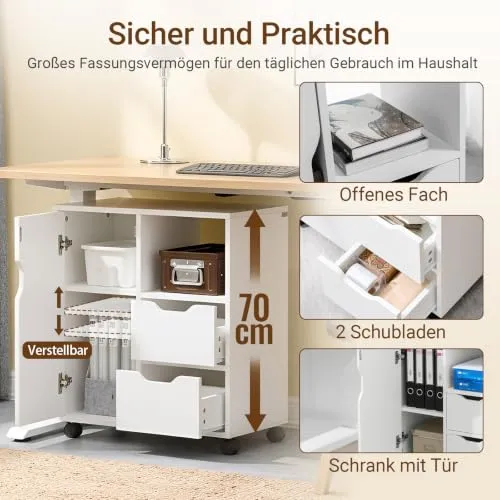 SoBuy Rollcontainer mit 2 Schubladen und 1 Tür Druckertisch mit Rollen Schreibtisch Unterschrank Rollcontainer Büromöbel Weiß 60×70×35 cm FBT105-W