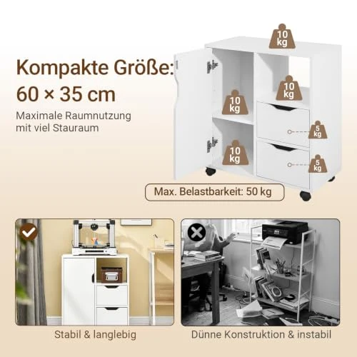 SoBuy Rollcontainer mit 2 Schubladen und 1 Tür Druckertisch mit Rollen Schreibtisch Unterschrank Rollcontainer Büromöbel Weiß 60×70×35 cm FBT105-W