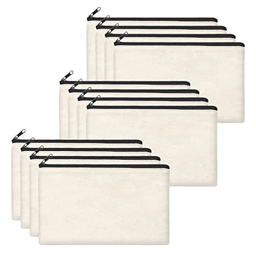 Blank Stoffbeutel, 12 Stück DIY Blanko Stoff Federmäppchen, Leinwand Kosmetiktasche, Stoffbeutel zum Bemalen,Reise Kosmetiktasche, 21x12cm