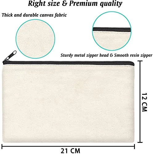 Blank Stoffbeutel, 12 Stück DIY Blanko Stoff Federmäppchen, Leinwand Kosmetiktasche, Stoffbeutel zum Bemalen,Reise Kosmetiktasche, 21x12cm