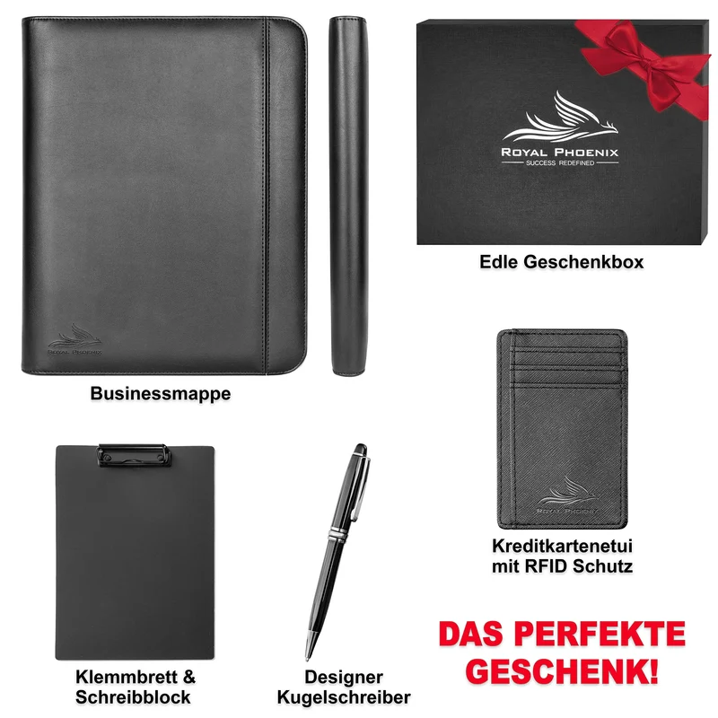 Business Schreibmappe A4 'Eagle' - Hochwertige Dokumentenmappe mit Tablet Halterung - inkl. Kreditkartenetui + EXTRAS - Business Organizer aus hochwertigem Kunstleder Schwarz