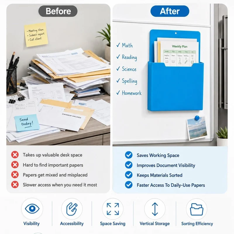 A4 Color-Coded Magnetic File Storage Pocket, Magnetischer Aktenhalter für Kühlschrank, A4 Magnetisch Stiftehalter, Dokumentenhalter, Vertikaler Wandorganizer für Whiteboard, Kühlschrank & Büro，Gelb