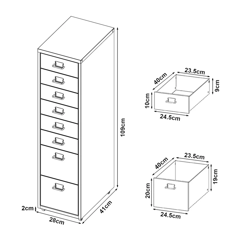 Helloshop26 Büroschrank, Rollschrank, mit 8 Schubladen, 109 x 28 x 41 cm, Dunkelgrau, 03_0009112