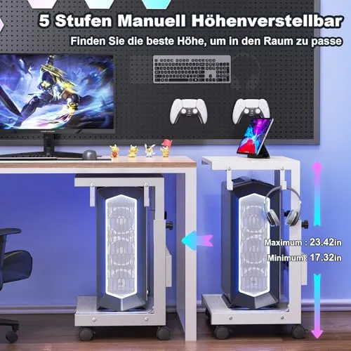 Höhenverstellbarer PC Ständer mit Rollen, 2 Haken, 2-stufig