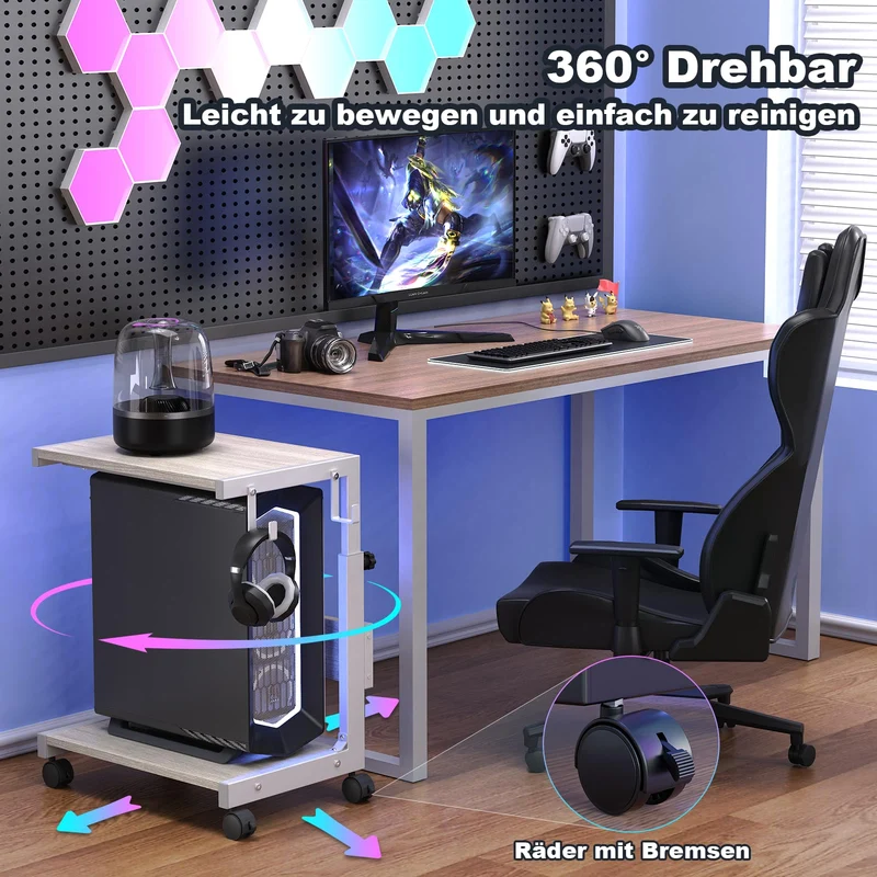 Höhenverstellbarer PC Ständer mit Rollen, 2 Haken, 2-stufig