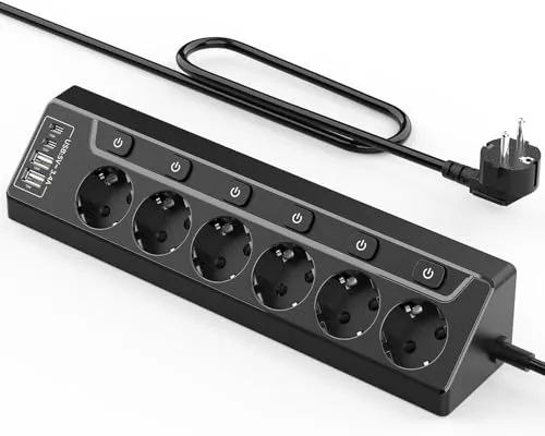 Eck Steckdosenleiste Überspannungsschutz mit USB C, 6 Fach Tischsteckdose Mehrfachsteckdose mit 2M Kabel (3680W,16A), Verteilersteckdose für Küchemit Heim Büro