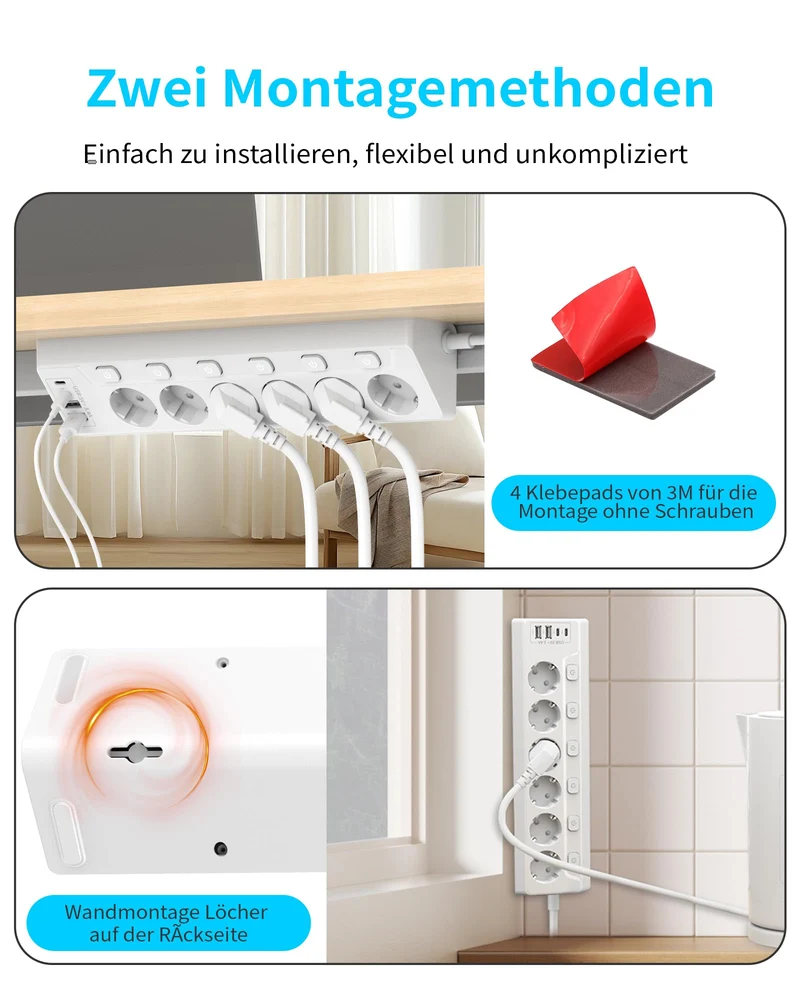 Eck Steckdosenleiste Überspannungsschutz mit USB C, 6 Fach Tischsteckdose Mehrfachsteckdose mit 2M Kabel (3680W,16A), Verteilersteckdose für Küchemit Heim Büro