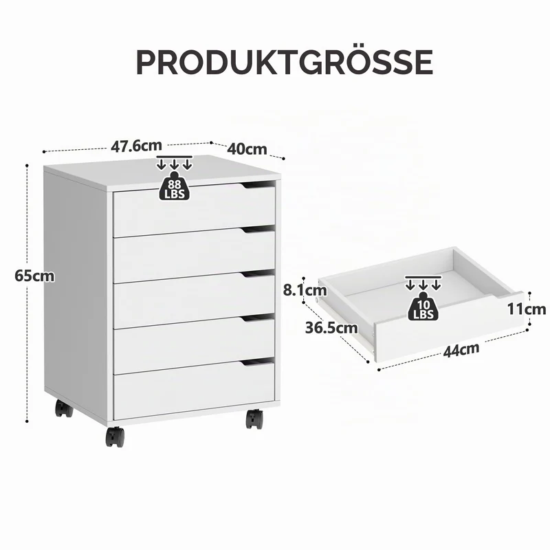 sogesfurniture Rollcontainer, Aktenschrank mit 5 Schubladen, Büroschrank, Schubladenschrank, Kommode Aufbewahrungsschrank, Mehrzweckschrank für Arbeitszimmer, Büro, Weiß