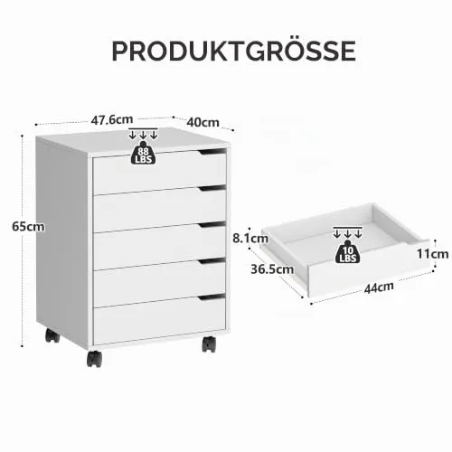 sogesfurniture Rollcontainer, Aktenschrank mit 5 Schubladen, Büroschrank, Schubladenschrank, Kommode Aufbewahrungsschrank, Mehrzweckschrank für Arbeitszimmer, Büro, Weiß