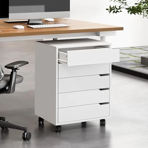 sogesfurniture Rollcontainer, Aktenschrank mit 5 Schubladen, Büroschrank, Schubladenschrank, Kommode Aufbewahrungsschrank, Mehrzweckschrank für Arbeitszimmer, Büro, Weiß