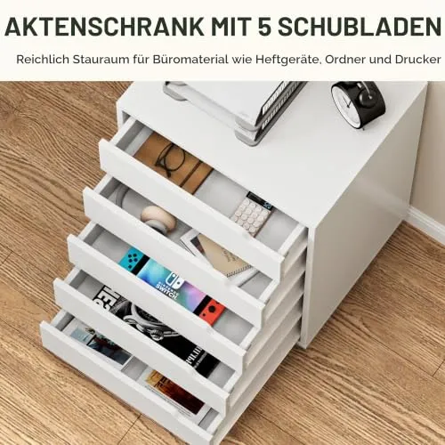 sogesfurniture Rollcontainer, Aktenschrank mit 5 Schubladen, Büroschrank, Schubladenschrank, Kommode Aufbewahrungsschrank, Mehrzweckschrank für Arbeitszimmer, Büro, Weiß