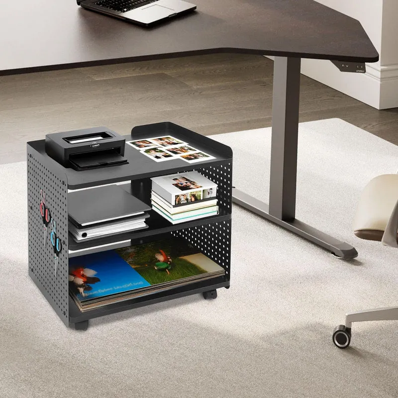 Drucker Tisch mit Rädern, Mobiler Druckerhalter mit Pegboard 3 Ebene Druckerständer/Rollcontainer mit Organizer Regal Aktenschrank für Büro Zuhause 50 * 39 * 50cm (Schwarz)
