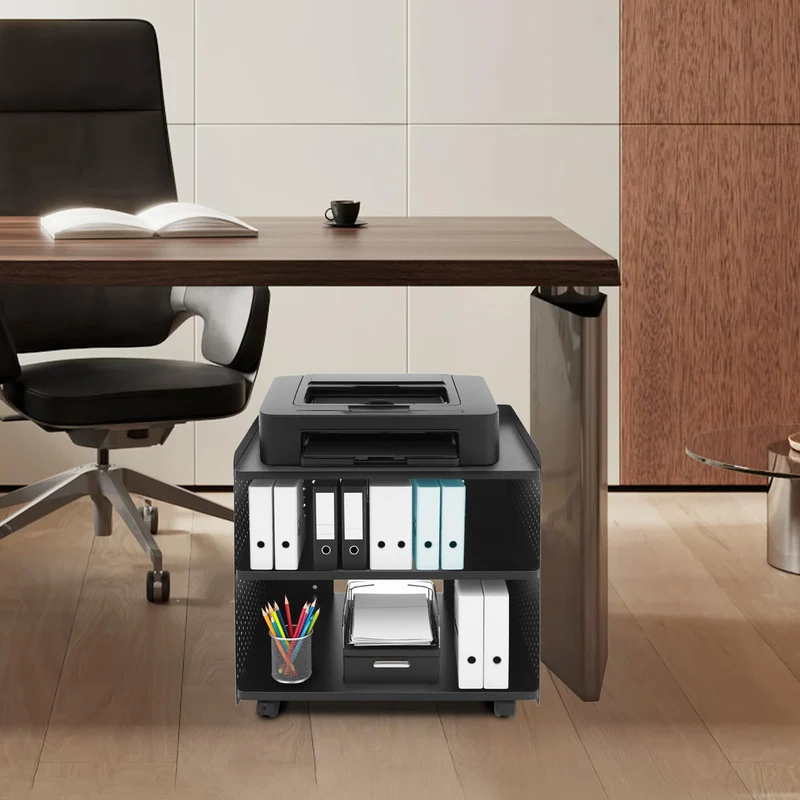 Drucker Tisch mit Rädern, Mobiler Druckerhalter mit Pegboard 3 Ebene Druckerständer/Rollcontainer mit Organizer Regal Aktenschrank für Büro Zuhause 50 * 39 * 50cm (Schwarz)