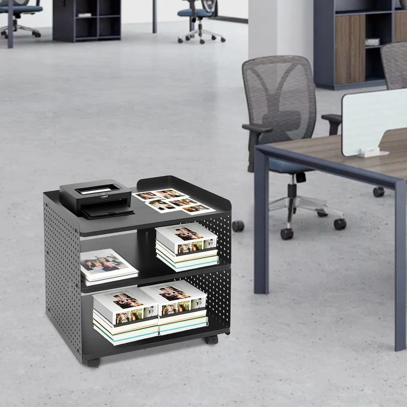 Drucker Tisch mit Rädern, Mobiler Druckerhalter mit Pegboard 3 Ebene Druckerständer/Rollcontainer mit Organizer Regal Aktenschrank für Büro Zuhause 50 * 39 * 50cm (Schwarz)
