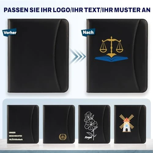 ENOMY Konferenzmappe A4 personalisiert Leder mit Reißverschluss, Dokumentenmappe Organizer Schreibmappe Portfolio Mappe mit Logo Bild, Business Bewerbungsmappe für Büro Meeting Reise Schwarz (Schwarz)