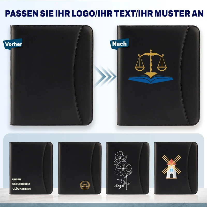 ENOMY Konferenzmappe A4 personalisiert Leder mit Reißverschluss, Dokumentenmappe Organizer Schreibmappe Portfolio Mappe mit Logo Bild, Business Bewerbungsmappe für Büro Meeting Reise Schwarz (Schwarz)