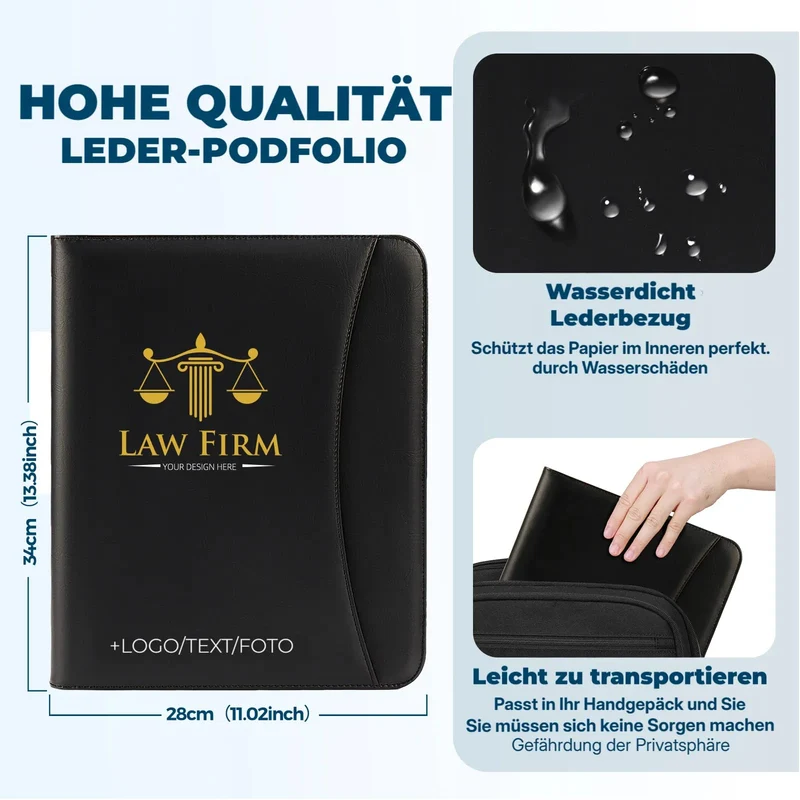 ENOMY Konferenzmappe A4 personalisiert Leder mit Reißverschluss, Dokumentenmappe Organizer Schreibmappe Portfolio Mappe mit Logo Bild, Business Bewerbungsmappe für Büro Meeting Reise Schwarz (Schwarz)
