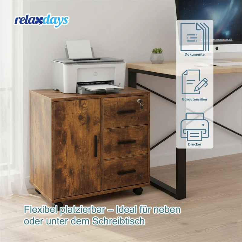 Relaxdays Rollcontainer, 3 Schubladen, 2 Türfächer, HxBxT: 57 x 60 x 40 cm, abschließbar, Aktenrollschrank, Farbwahl