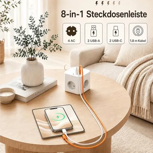 8 in 1 Steckdosenwürfel mit USB, 4-Fach Mehrfachsteckdose mit 4 USB-Ports, Überspannungsschutz & Schalter – Steckdosenleiste mit Verlängerungskabel für Schreibtisch, Büro & Zuhause